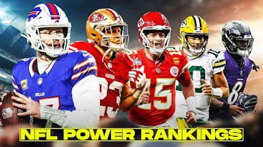 Cutouts of Josh Allen (Bills), Christian McCaffrey (49ers), Patrick Mahomes (Chiefs), Jordan Love (Packers), and Lamar Jackson (Ravens), with the words NFL Power Rankings written at the bottom of the image