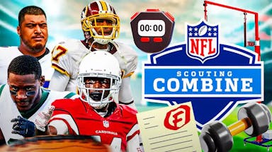 Morris Claiborne, J.J. Nelson, Daniel Faalele, Fred Smoot all together with NFL Scouting Combine logo in back or foreground. Around the graphic are a stopwatch, weights, vertical jump tester, and papers with “F” grades.
