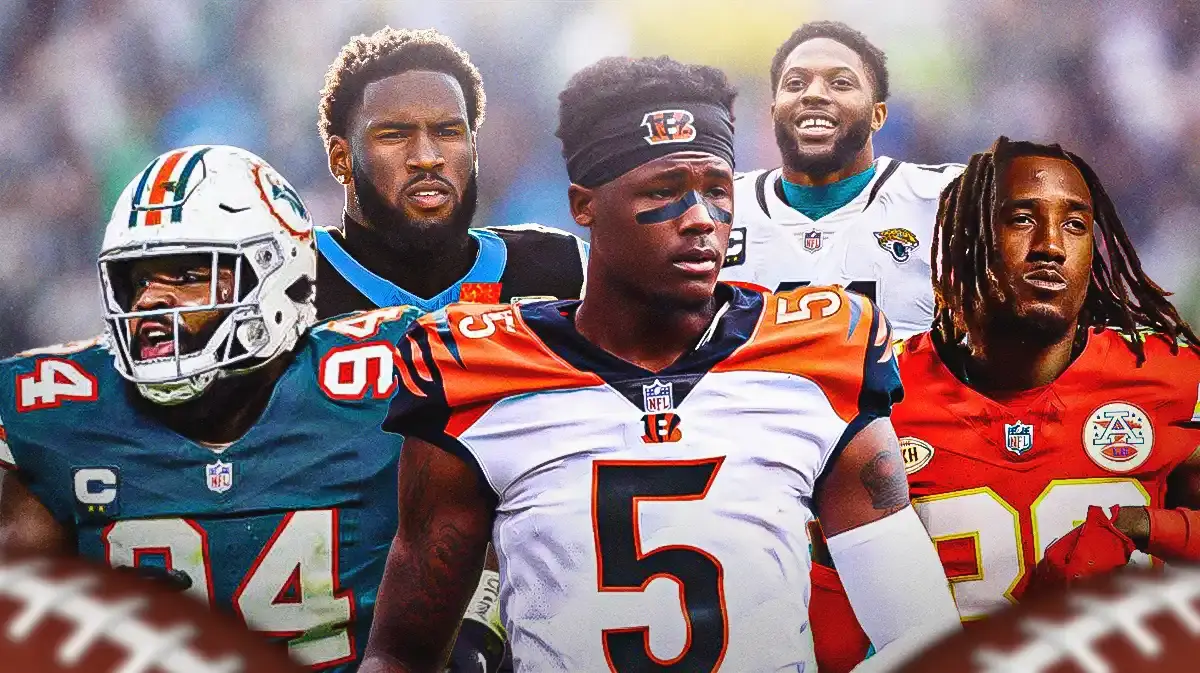 Tee Higgins in the middle of the graphic Around him are Christian Wilkens, Brian Burns, L’Jarius Sneed, Josh Allen (Jaguars linebacker)