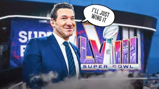 CBS broadcaster Tony Romo and speech bubble “I’ll Just Wing It” and Super Bowl 58 logo