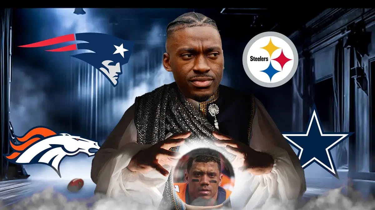 Robert Griffin as a fortune teller with a crystal ball that has Russell Wilson’s face on it. Logos of Broncos, Patriots, Steelers, Cowboys in the background