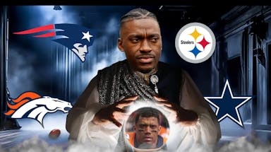 Robert Griffin as a fortune teller with a crystal ball that has Russell Wilson’s face on it. Logos of Broncos, Patriots, Steelers, Cowboys in the background