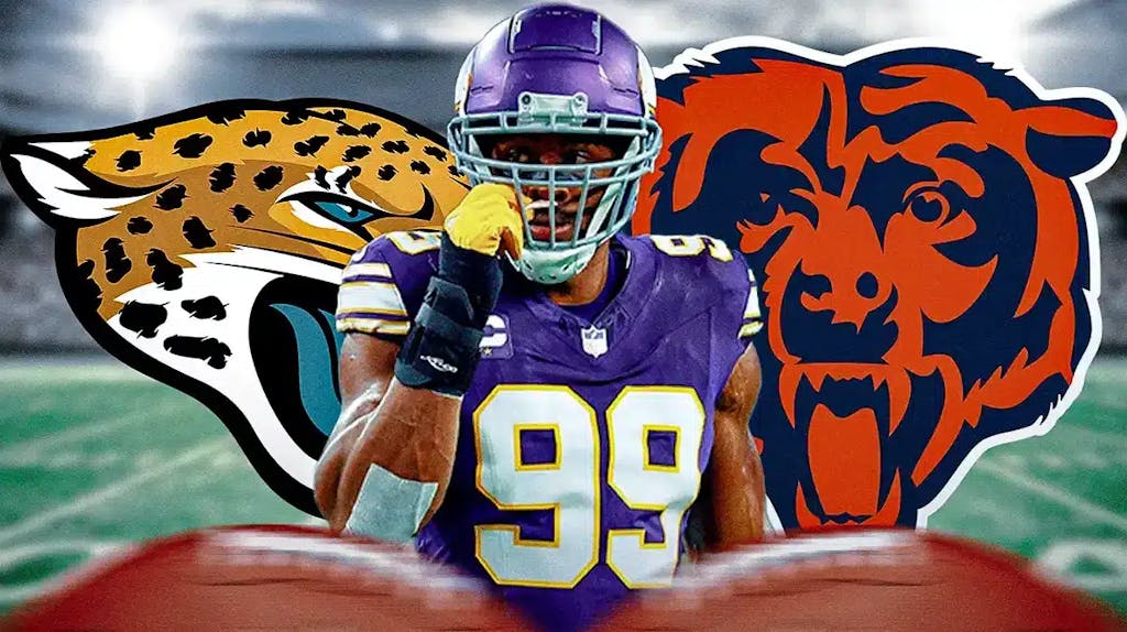 Vikings defensive end Danielle Hunter next to the logos of Chicago Bears and Jacksonville Jaguars