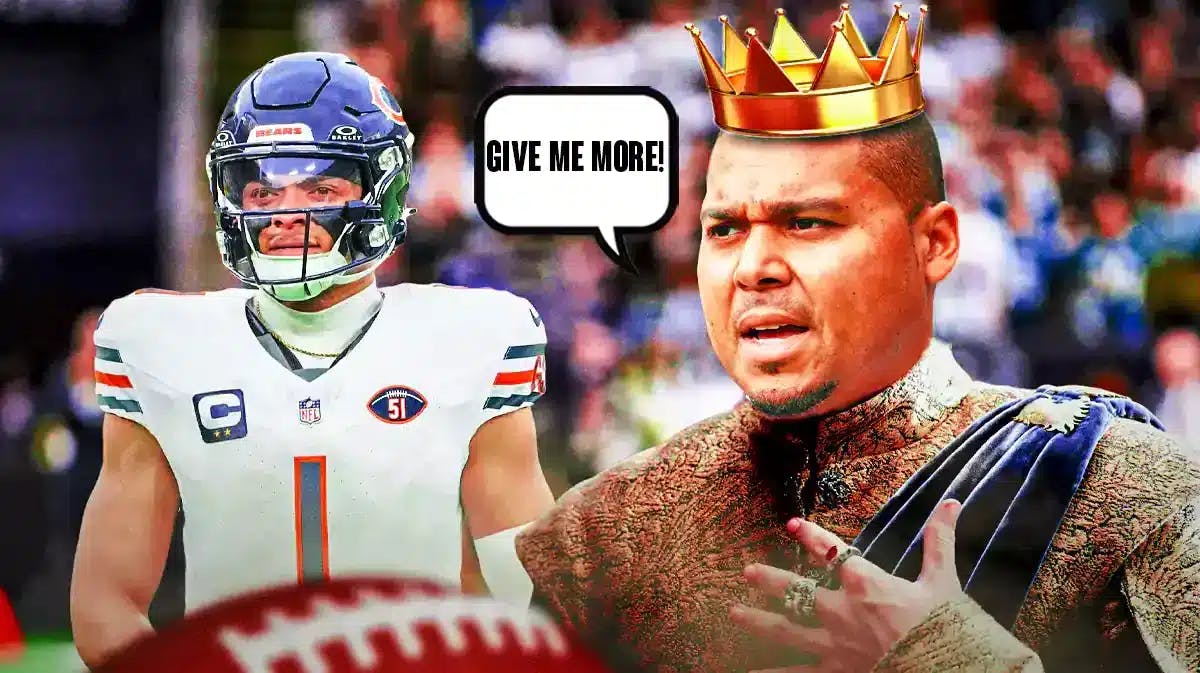 Ryan Poles edited into a king, with Bears' Justin Fields looking sad.