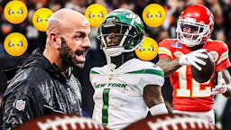 Robert Saleh and Sauce Gardner on one side with angry emojis around them, Mecole Hardman on the other side. Jets rumors