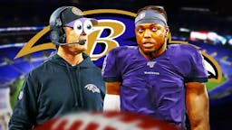 Jim Harbaugh with emoji eyes in his eyes looking at Derrick Henry in a Ravens jersey