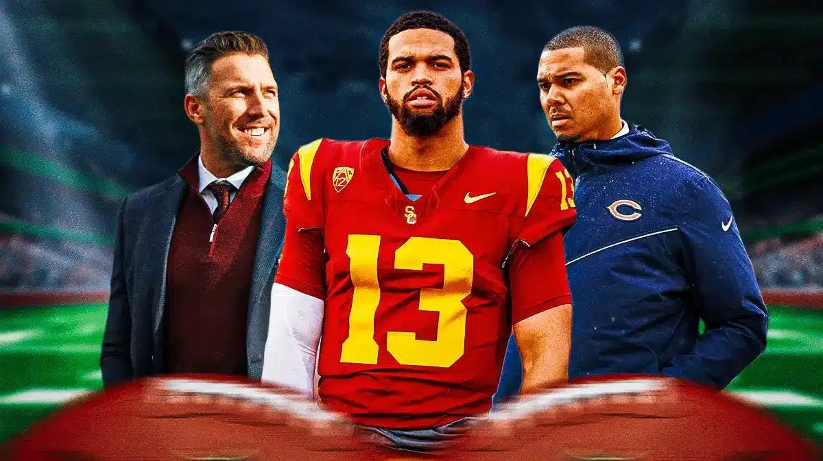 USC quarterback Caleb Williams in the middle of Bears GM Ryan Poles and Commanders GM Adam Peters