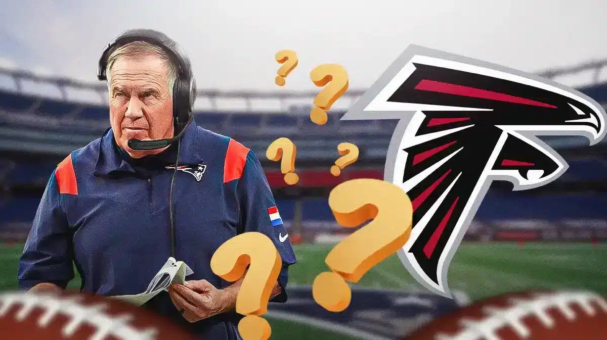 Bill Belichick with several question marks and the Falcons logo beside him