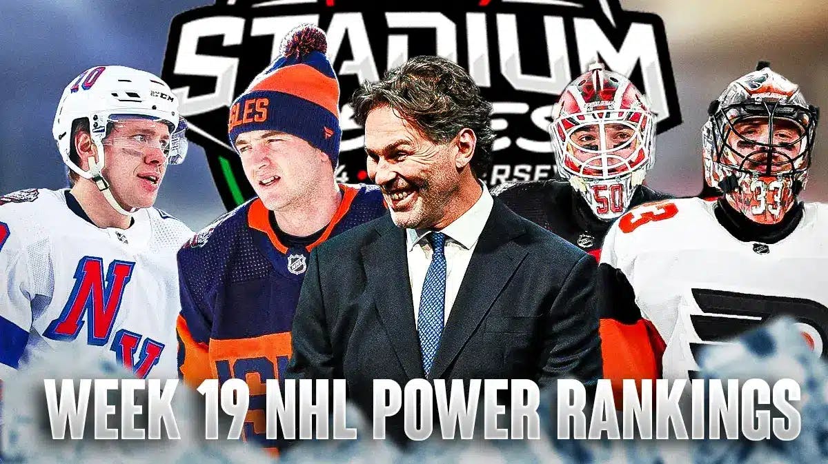 Jaromir Jagr in middle of image looking happy in a suit, Artemi Panarin and Noah Dobson on one side, Nico Daws and Samuel Ersson on other side, 2024 NHL Stadium Series logo Week 19 NHL Power Rankings