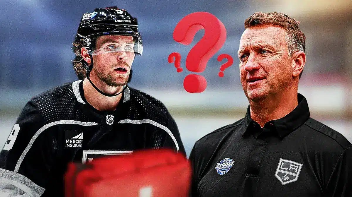 Adrian Kempe in image with first aid kit looking stern, Kings GM Rob Blake looking thoughtful, 3-5 question marks, hockey rink in background