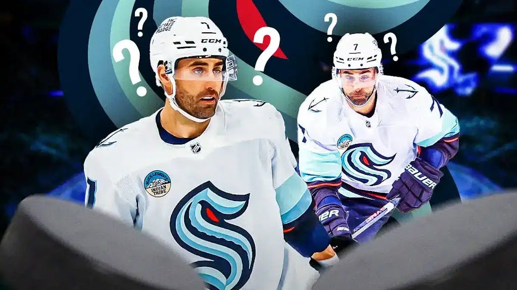 Jordan Eberle in middle of image looking hopeful, SEA Kraken logo, 3-5 question marks, hockey rink in background