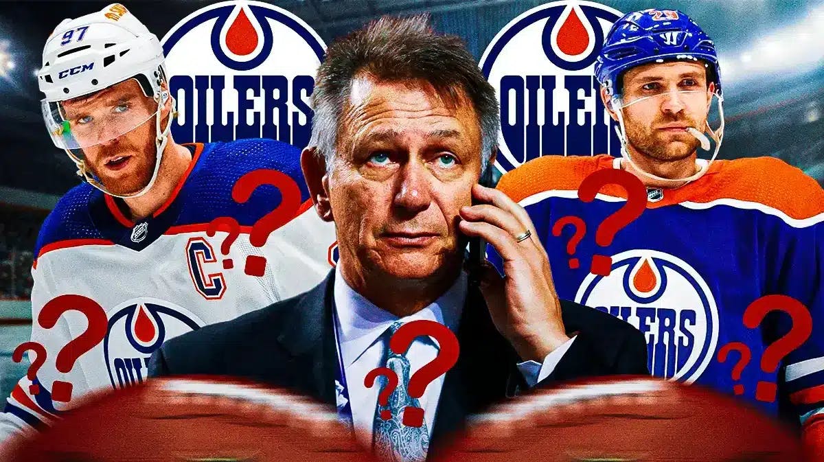 Ken Holland in middle of image, Connor McDavid and Leon Draisaitl on either side, 3-5 question marks, EDM Oilers logo, hockey rink in background