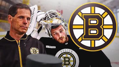 Linus Ullmark in middle of image looking stern, Don Sweeney in image looking stern, BOS Bruins logo, hockey rink in background, 3-5 question marks