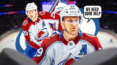 Nathan Mackinnon saying “we need some help” next to the Avalanche logo
