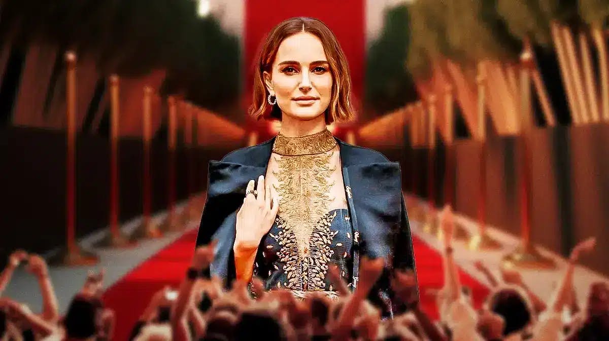 Natalie Portman with a red carpet background.