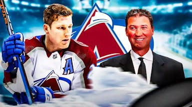 Nathan MacKinnon in middle of image with fire around him looking happy, Mario Lemieux in image looking impressed, COL Avalanche logo, hockey rink in background