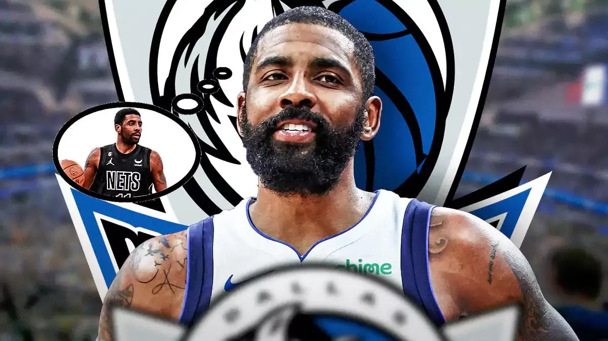 Mavericks' Kyrie Irving looking happy, with a thought bubble containing a picture of him in a Nets uniform
