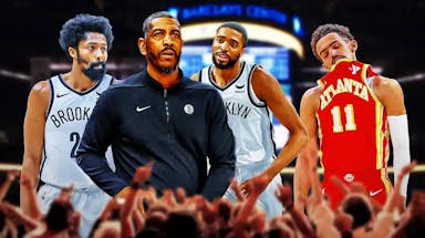Photo: Mikal Bridges, Spencer Dinwiddie in Nets jerseys, Kevin Ollie coaching the Nets, Trae Young looking like he’s in pain in background in Hawks jersey