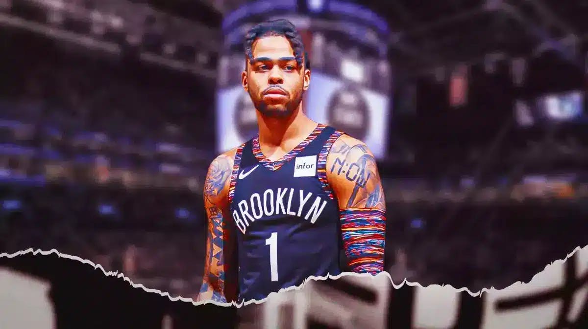 D'Angelo Russell in Nets uniform looking deep in thought, Ben Simmons and Spencer Dinwiddie react to 2204 NBA trade deadline in background