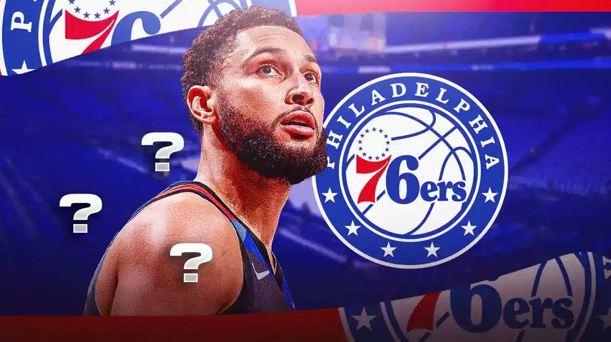 Nets' Ben Simmons with question marks around him next to a 76ers logo.