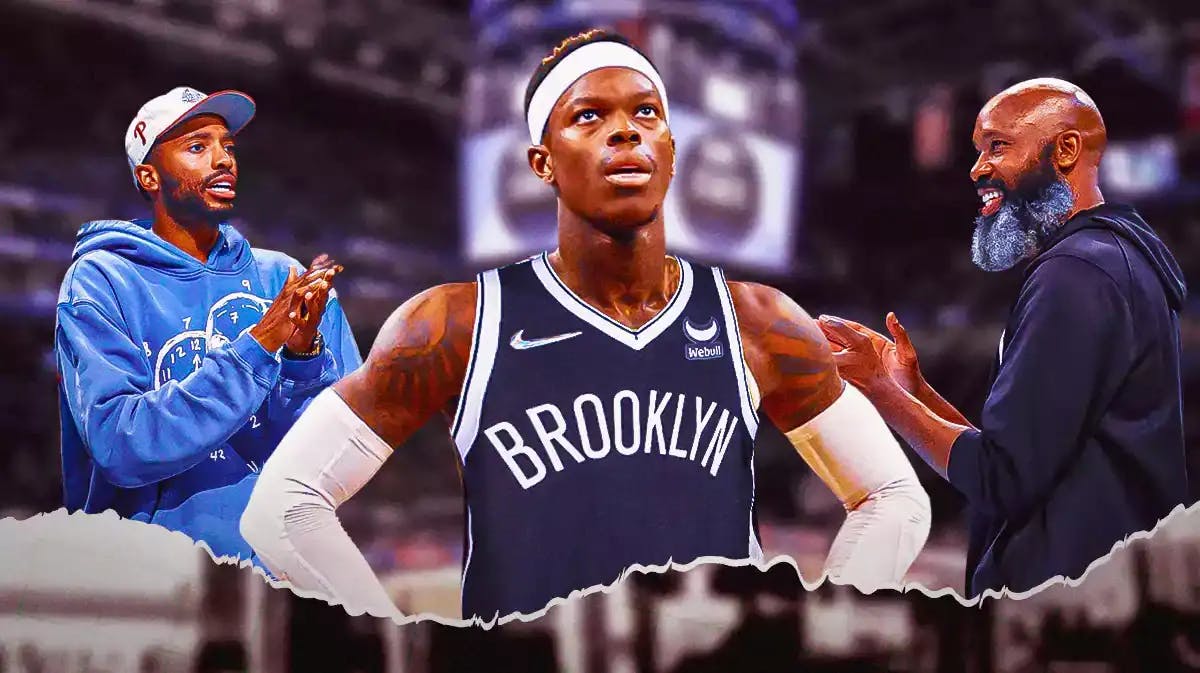Dennis Schroder in Nets jersey with fire in his eyes. Mikal Bridges and Jacque Vaughn clapping in the background