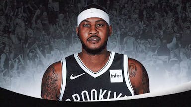 Carmelo Anthony in Nets jersey with the Nets arena in the background
