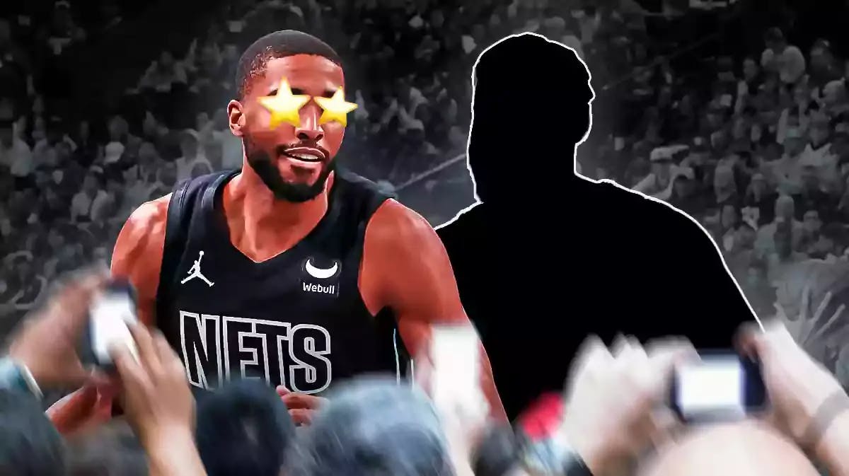 Nets' Mikal Bridges with star in his eyes. Silhouette of a player in the background