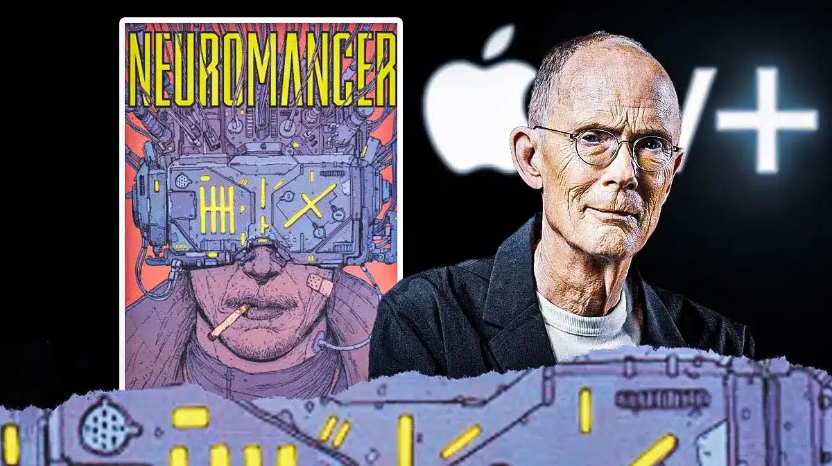 Neuromancer cover, William Gibson, Apple TV+ logo as background