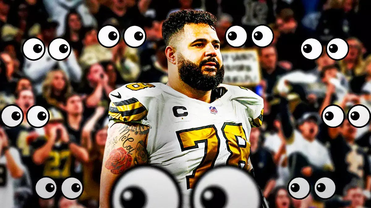 Erik McCoy on one side, a bunch of New Orleans Saints fans on the other side with the big eyes emoji over their faces