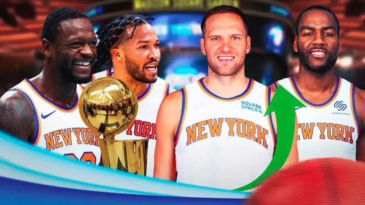 Knicks' Julius Randle and Jalen Brunson smiling next to Bojan Bogdanovic and Alec Burks in Knicks jerseys with MSG background.