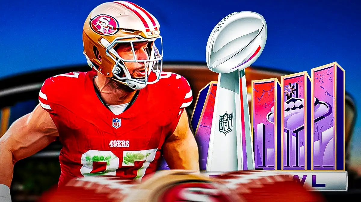 49ers, Chiefs, Nick Bosa, Nick Bosa 49ers, Super Bowl, Nick Bosa and this year’s Super Bowl logo with Allegiant Stadium in the background