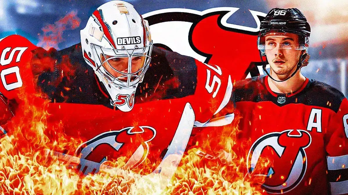 Jack Hughes in background looking impressed, Nico Daws in foreground looking happy with fire around him, NJ Devils logo, hockey rink in background