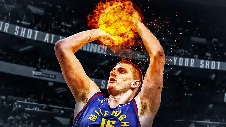 Nuggets' Nikola Jokic shooting flaming basketball