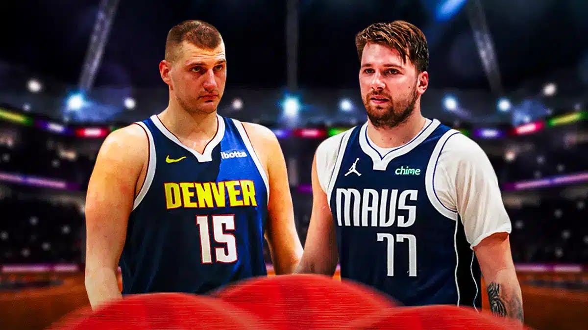 Nuggets' Nikola Jokic on the left, with the Mavericks' Luka Doncic on the right.