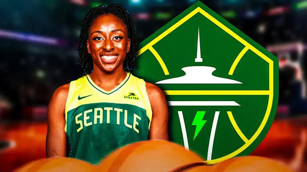 WNBA player Nneka Ogwumike in a Seattle Storm jersey, with Seattle Storm logo behind her
