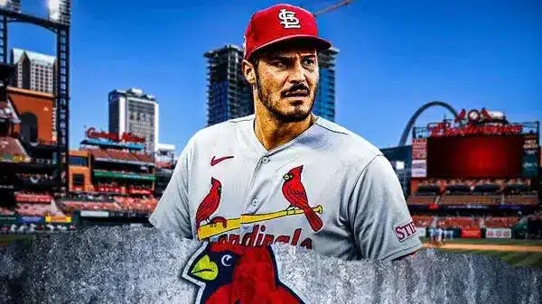 Cardinals' Nolan Arenado with a close-up image. In background, place the St. Louis Cardinals' logo and Busch Stadium.
