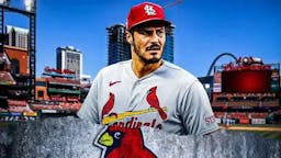 Cardinals' Nolan Arenado with a close-up image. In background, place the St. Louis Cardinals' logo and Busch Stadium.