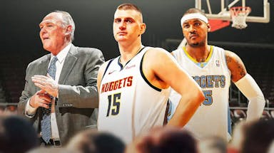 Nuggets NBA Draft pick Nikola Jokic with George Karl and Carmelo Anthony