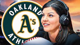 MLB broadcaster Jenny Cavnar with the Oakland Athletics logo