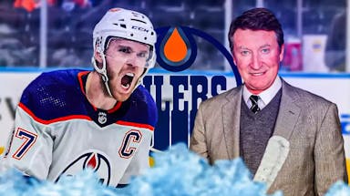 Connor McDavid in middle of image looking happy, Wayne Gretzky looking impressed, EDM Oilers logo, hockey rink in background