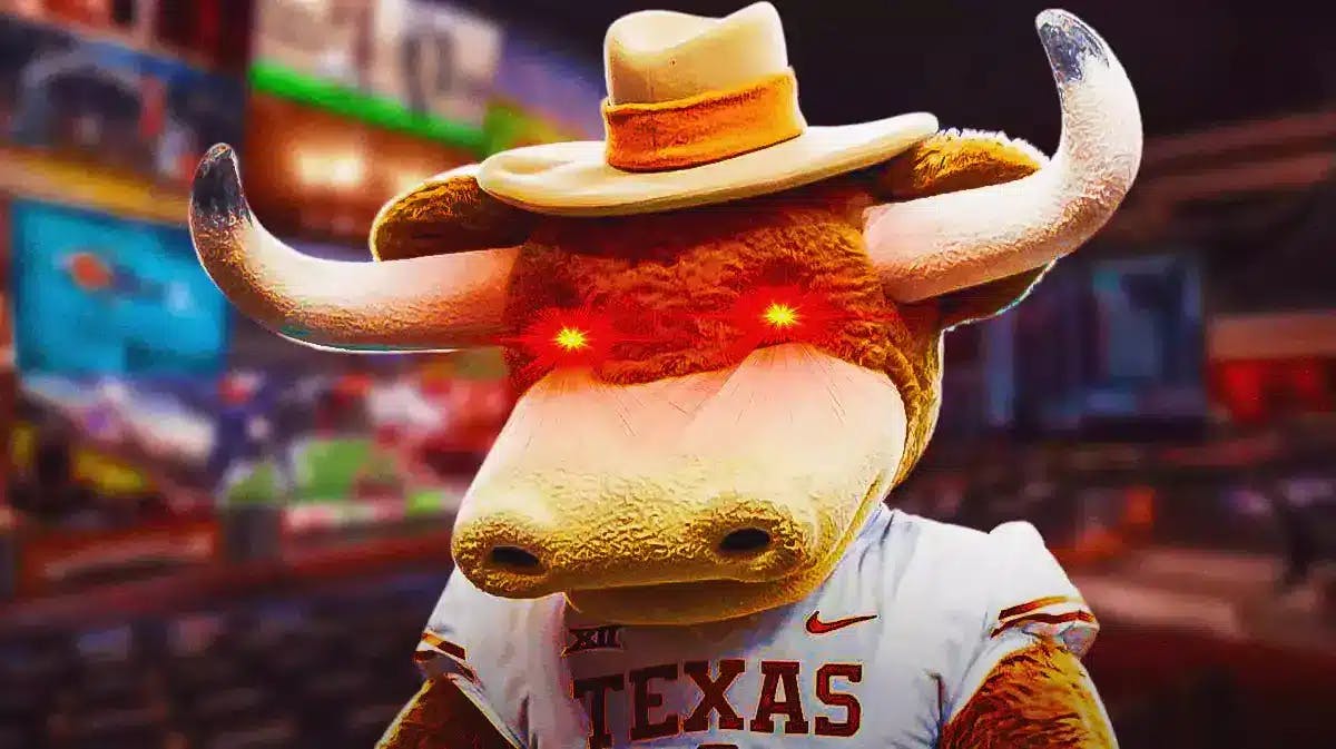 Oklahoma football mascot with woke eyes and with Vegas sportsbook in the background