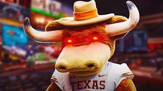Oklahoma football mascot with woke eyes and with Vegas sportsbook in the background