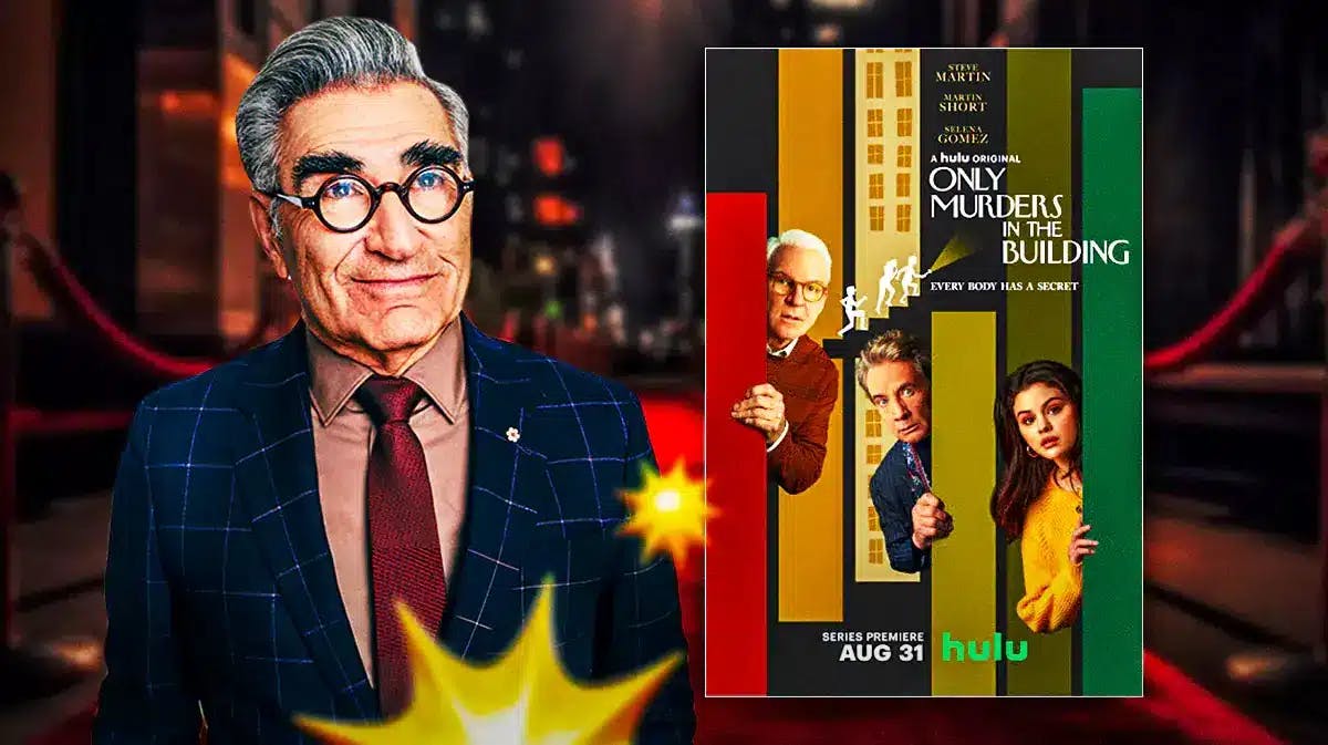 Pic of show poster for Only Murders in the Building alongside Eugene Levy
