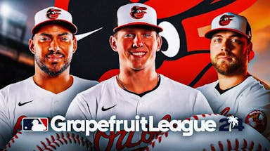 Adley Rutschman, Anthony Santander, Corbin Burns all together. Orioles logo in background, Grapefruit League logo in front/bottom.