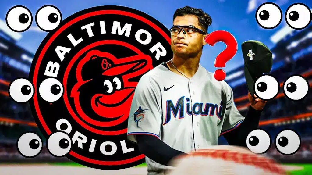 Miami Marlins pitcher Jesus Luzardo, with the Baltimore Orioles logo and the eye ball emojis 👀 looking at Luzardo and question marks