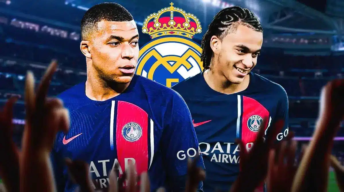 Kylian Mbappe and Ethan Mbappe in front of the Real Madrid logo