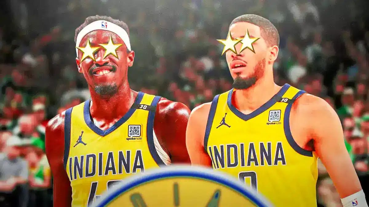 Pacers' Pascal Siakam and Tyrese Haliburton with stars covering their eyes
