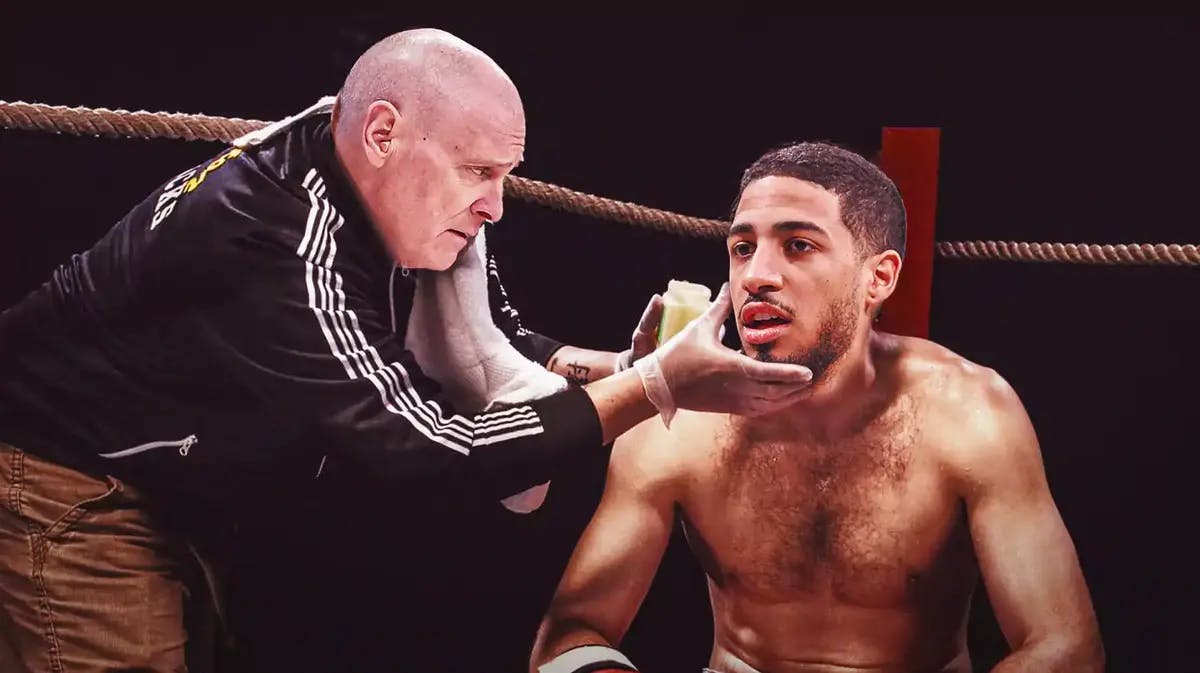 Pacers' Rick Carlisle as a boxing coach warming up Tyrese Haliburton as a boxer in the corner of the ring