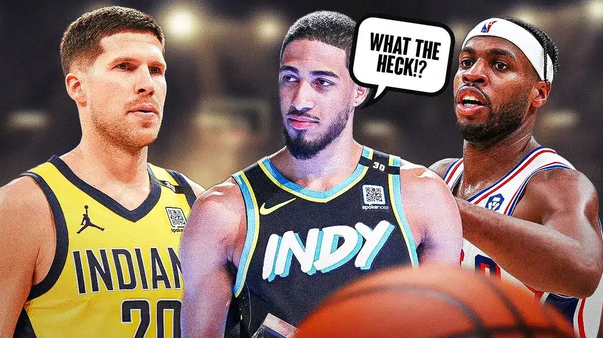 Tyrese Haliburton on one side with a speech bubble that says “What the heck!?”, Buddy Hield and Doug McDermott on the other side. NBA trade deadline