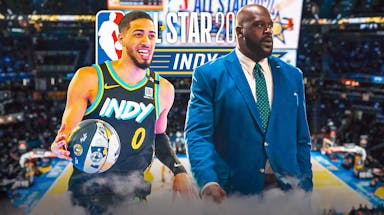 Tyrese Haliburton alongside Shaquille O'Neal with the Pacers arena in the 2024 NBA All-Star logo in the background